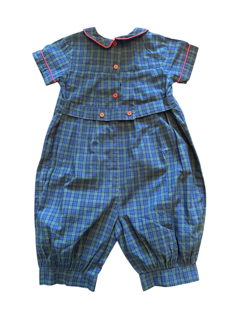 Vintage Beaux et Belles Blue & Green Plaid Smocked Kids Romper with Red Trim - Picture 4 of 5